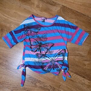 Self Esteem Pink & Blue Striped Butterfly Crop Top